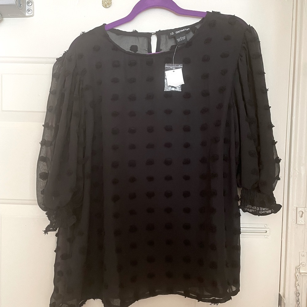 18 Centimeters black sheer blouse 3D polka dots & quarter elastic sleeves
